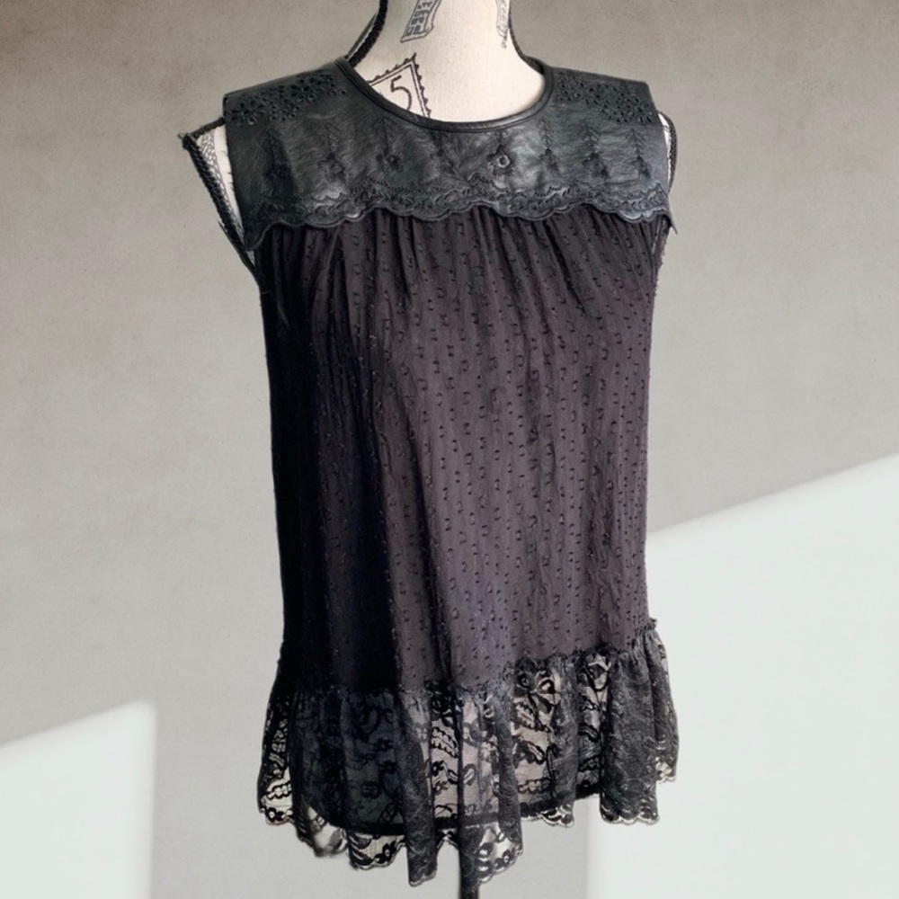 Eyelet leather & lace black tank top